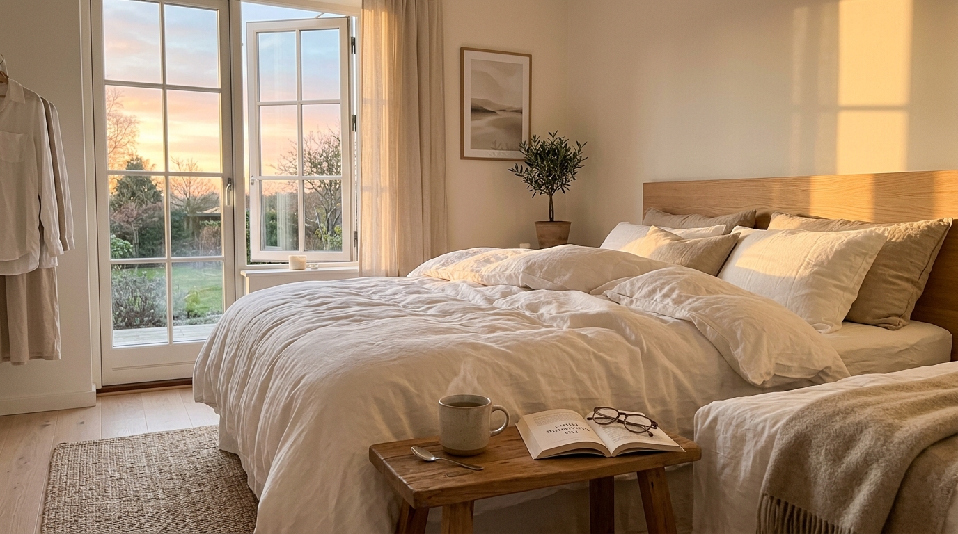 Friedliches Schlafzimmer bei Sonnenaufgang mit weißer Bettwäsche